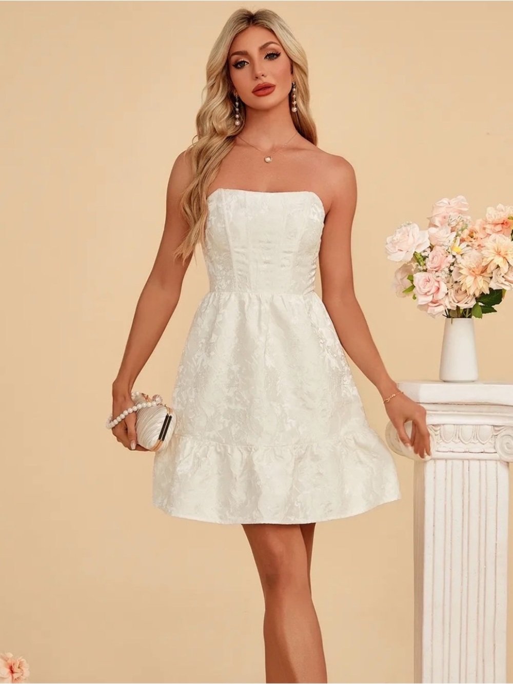 JJ’s House Melika Strapless White Jacquard Mini Dress